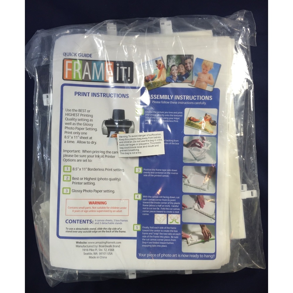 Boardwalk Brand Frame It DIY Canvas Photo Art Kit 4 Sheets 3 Frames Inkjet Print